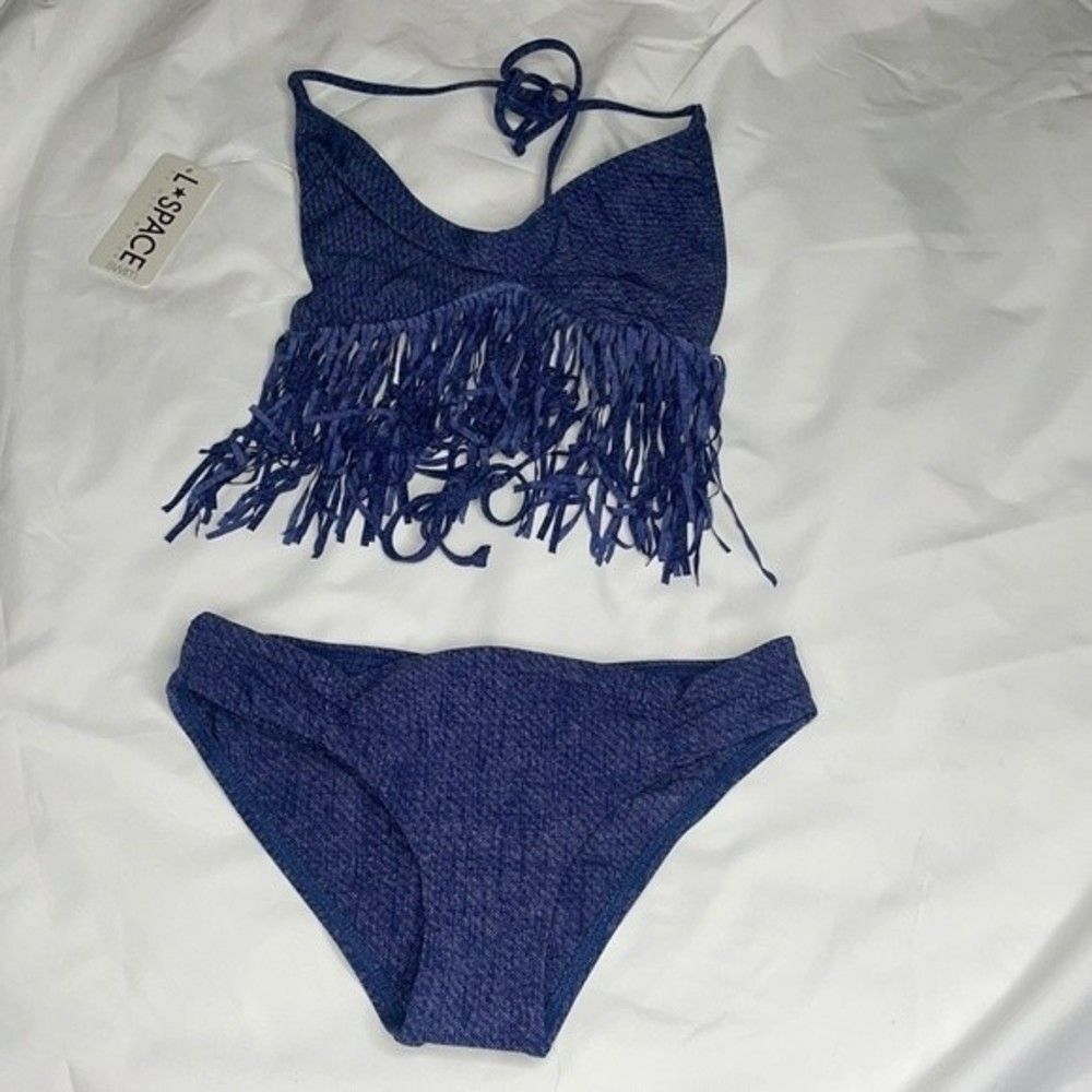 L*Space Womens Size XS Denim Fringe Bikini Set Top & Bottoms